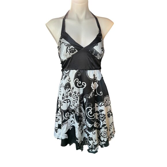 Ruby Rox Dresses & Skirts - Ruby Rox Womens Halter Dress Size M Satin Floral Black & White Lined with ruffle